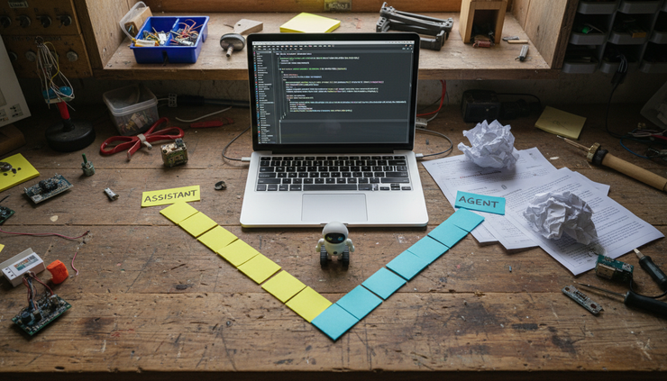 Overhead view of a workbench with a laptop, code printouts, and two labeled paths made from sticky notes
