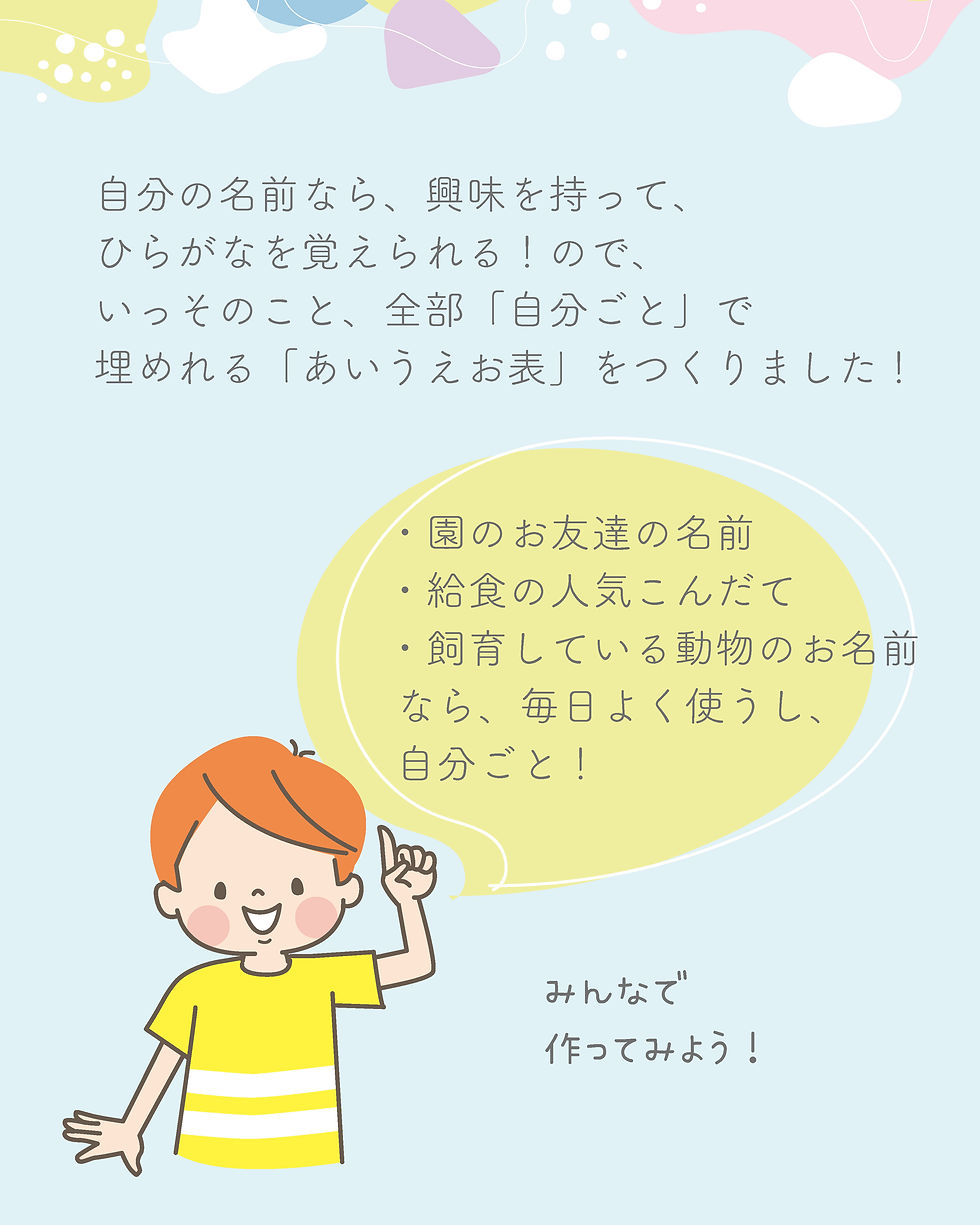 サムネイル： 自分や友だちの名前で覚えられるあいうえお表の紹介ページ。園児が楽しくひらがなを学べる教材