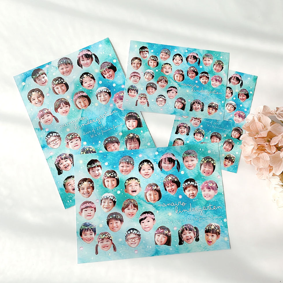 フラワー柄フェイスコラージュの印刷見本を複数並べた全体写真