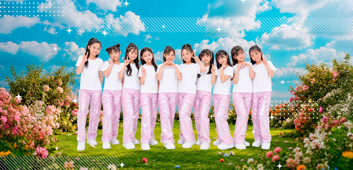 ダンススクールの卒団記念品向け、青空とお花畑を背景にした女の子チームの集合写真デザイン