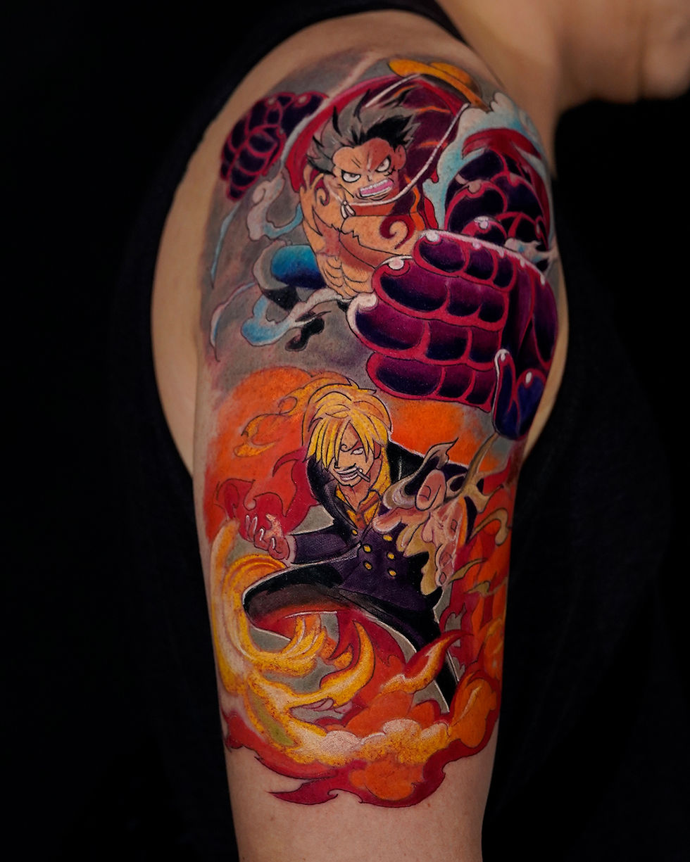 Realistic-color-anime-cartoon-one-piece-monkey-d-luffy-sanji-upper-arm-tattoo