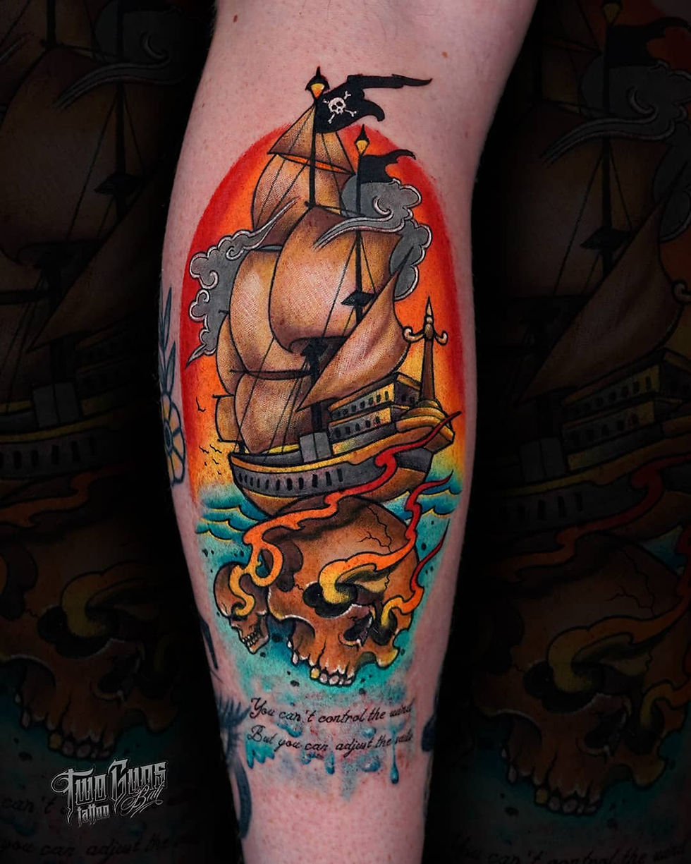 Neo Traditional Neo Trad Colour brush shading pirate ship Tattoo