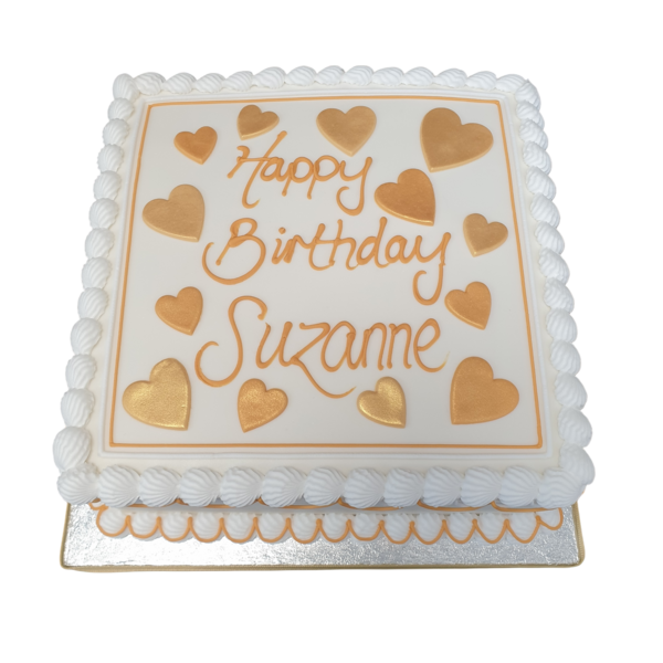 Square cake with heart-shaped decorations, perfect for special occasions such as weddings, anniversaries, and birthdays.