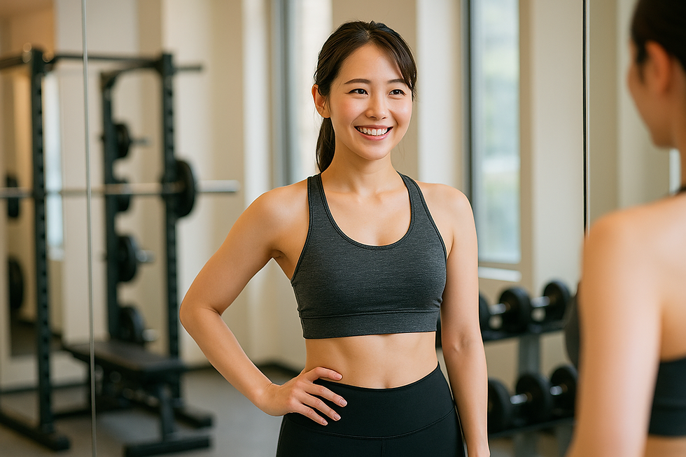 鏡の前で笑顔を見せるフィットネスウェア姿の20代日本人女性