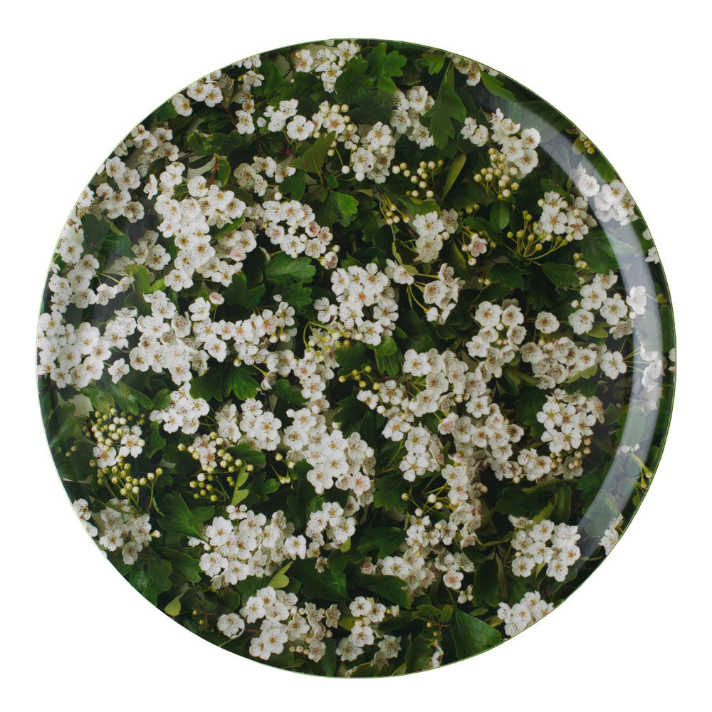Plateau rond de service imprimé fleurs d'aubépine vue de face