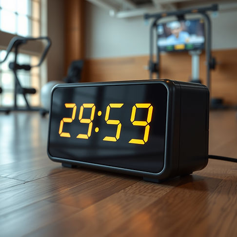 show a digital clock that has a 29 minutes and 59 seconds on the clock, sitting on a floor