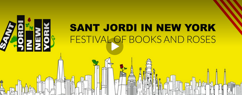 A video still of a yellow background with a drawing of the New York skyline in white. In the top lefthand corner is the Sant Jordi in New York logo, spelled across five books propped on an imaginary bookshelf with roses sprouting from them. The banner "Sant Jordi in New York: Festival of Books and Roses" is emblazoned in the center, with the red Catalan stripes in the upper righthand corner.