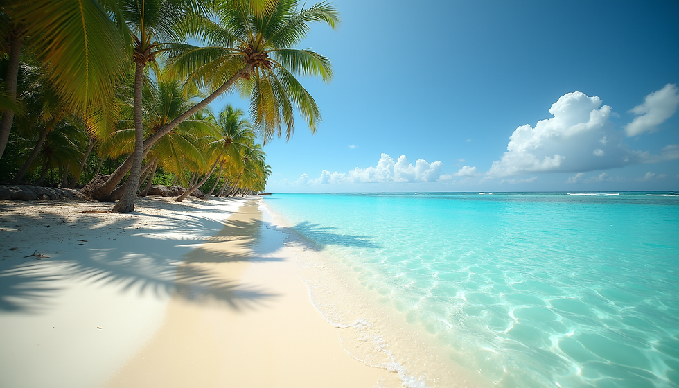 Wide angle view of turquoise Caribbean ocean and palm-fringed beach on Little Corn Island