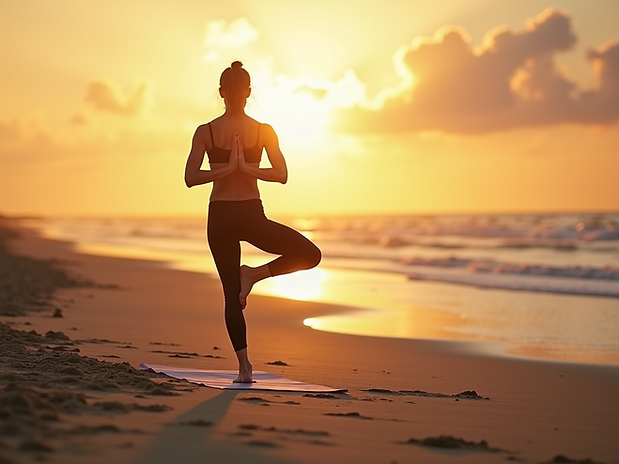 A-serene-beach-setting-with-yoga-session-underway-during-golden-sunset-lighting.on little