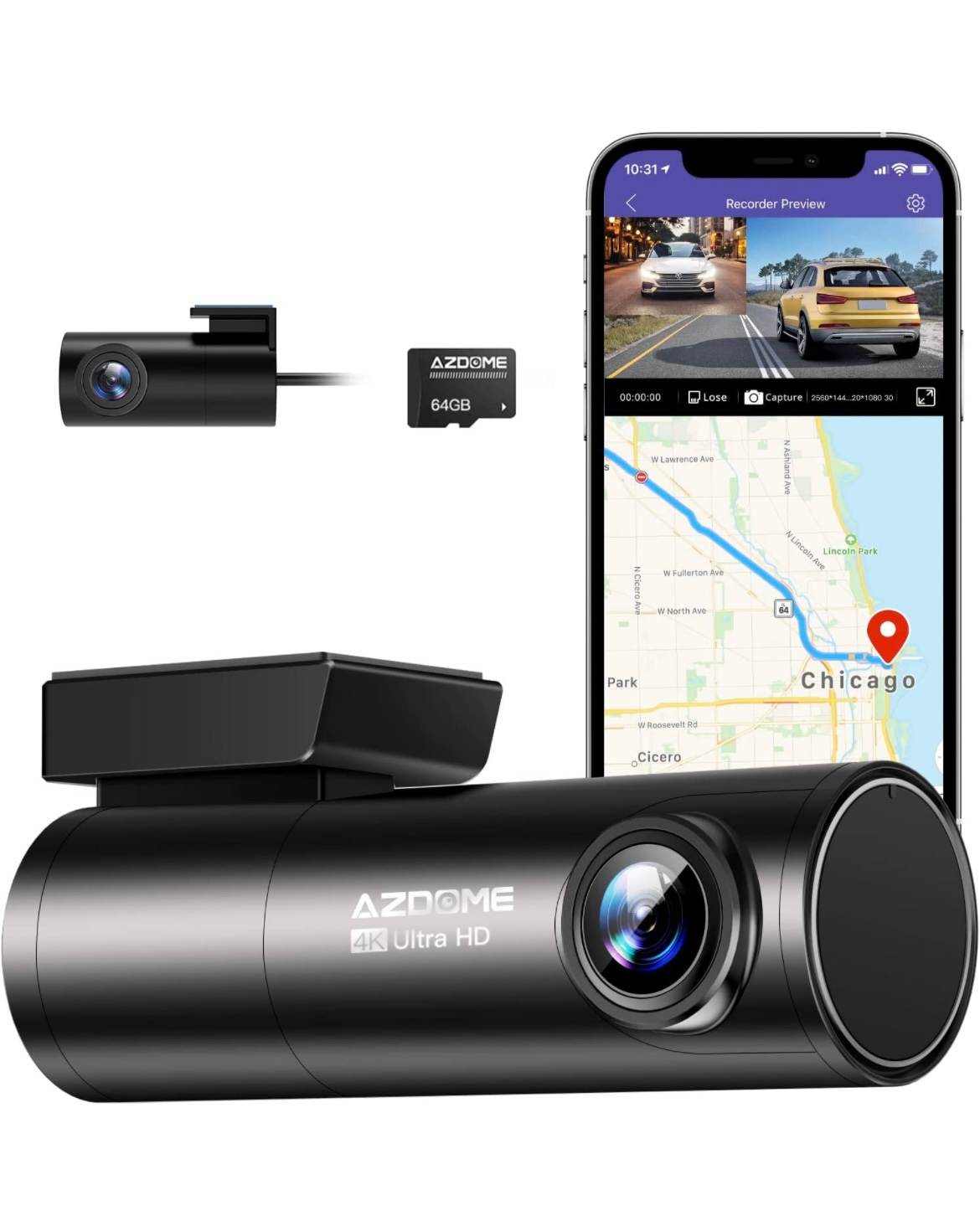 AZDOME 4K Dash Cam Front and Rear, Built in WiFi GPS Dual Dashcam for Car, Voice