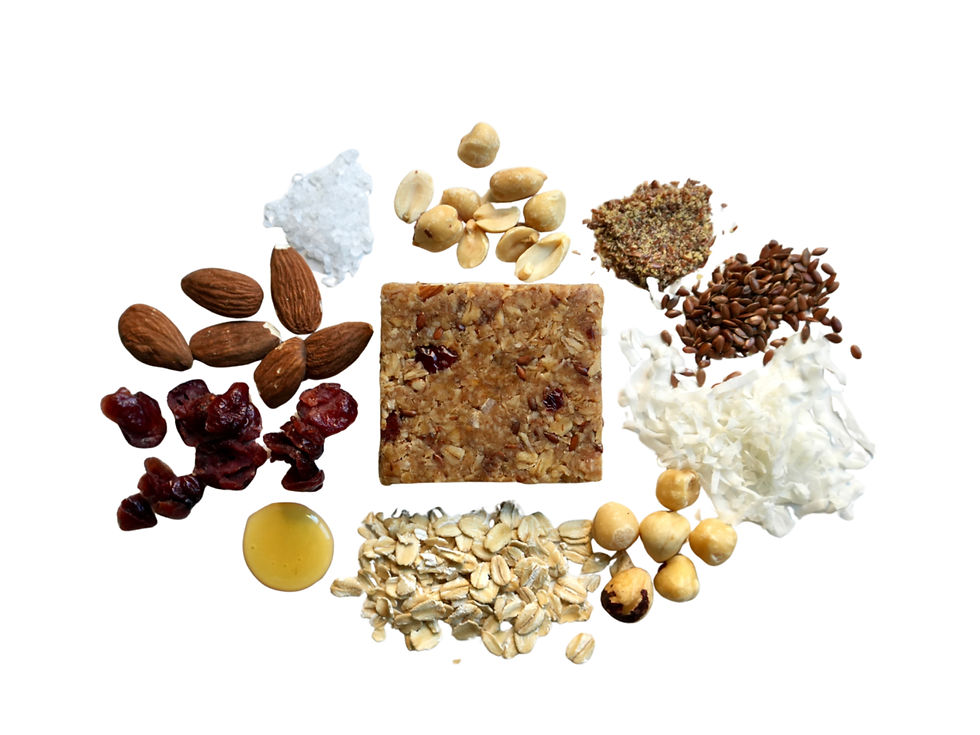 A P&TY granola bar centered on a white background, surrounded by individual ingredients such as rolled oats, almonds, cranberries, coconut flakes, honey, and seeds.