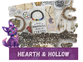 Pagan-inspired handmade items and organic potting soil blends in the Hearth & Hollow category, featuring both WildCrafted and Rooted Relic Collections.