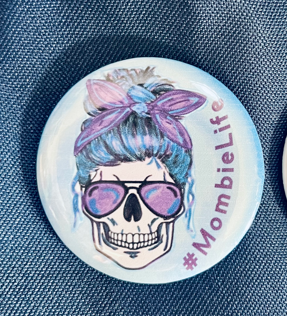 Thumbnail: #MombieLife button image with skull, glasses