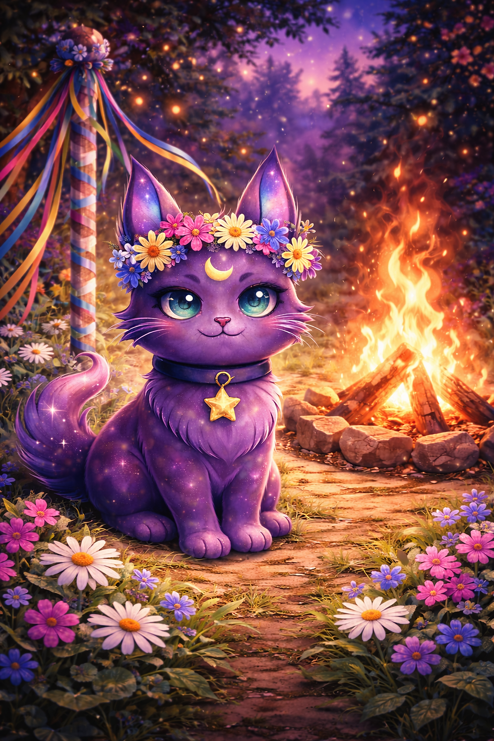 Lilli the celestial purple cat wearing a flower crown sitting beside a Beltane bonfire and colorful maypole ribbons surrounded by Spring flowers