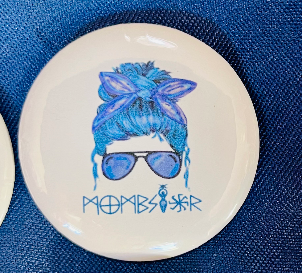 Thumbnail: Button design: Mombshell hair, sunglasses, and text on a white background.