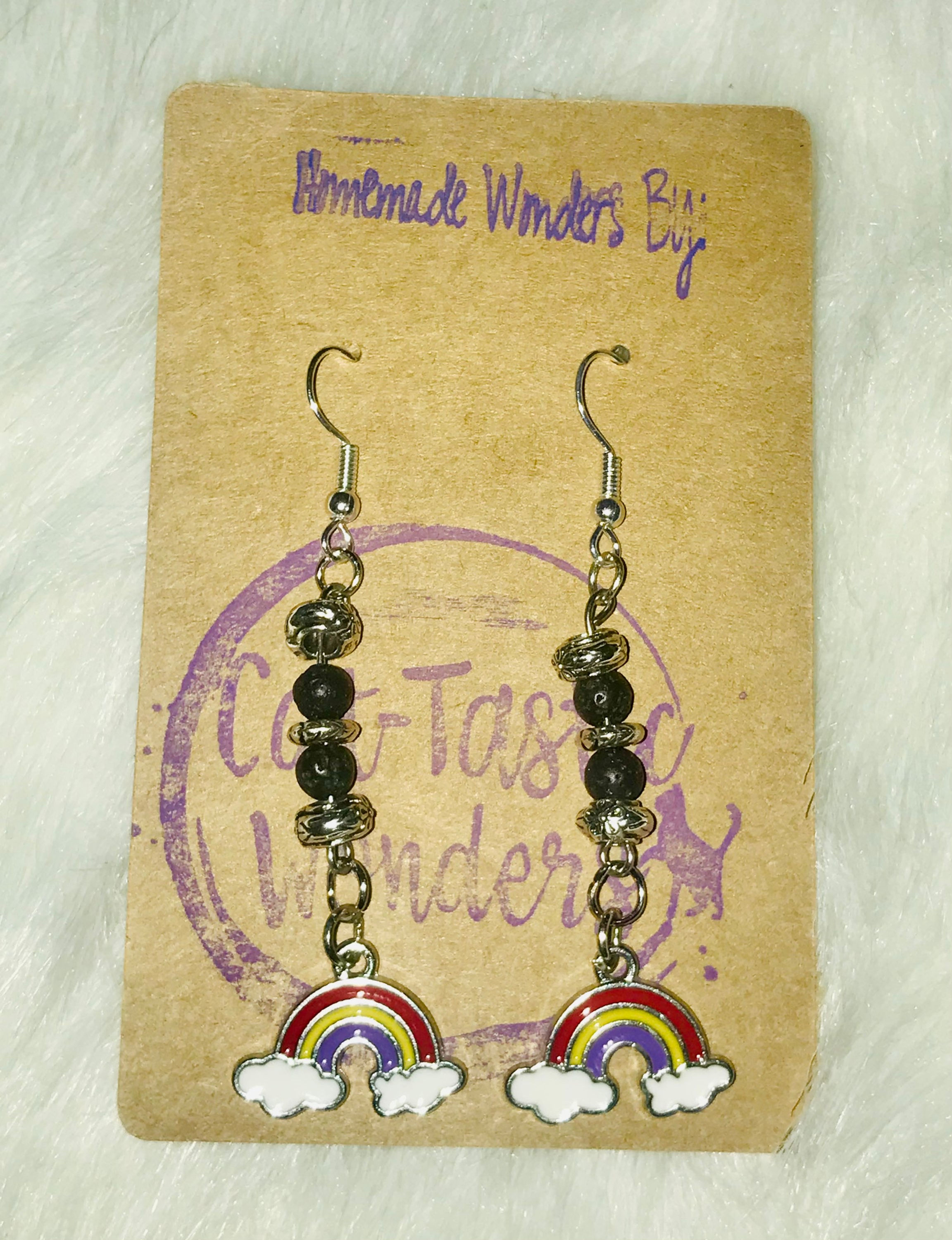 Handmade Wonders By Cat-Tastic Wonders earrings rainbow design with beads and hooks.