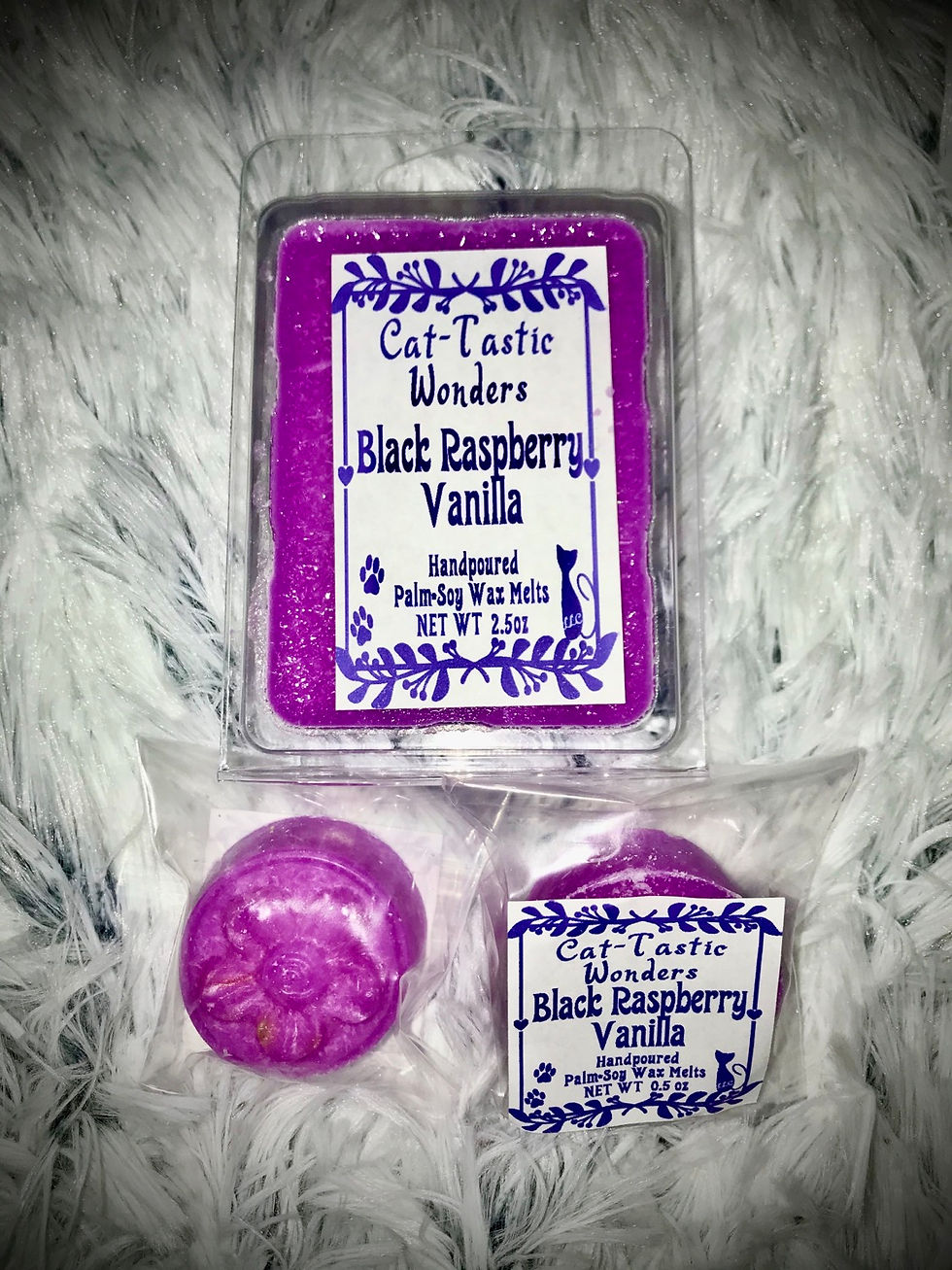 Black Raspberry Vanilla clamshell wax melt with front and back sampler displayed on soft background by Cat-Tastic Wonders