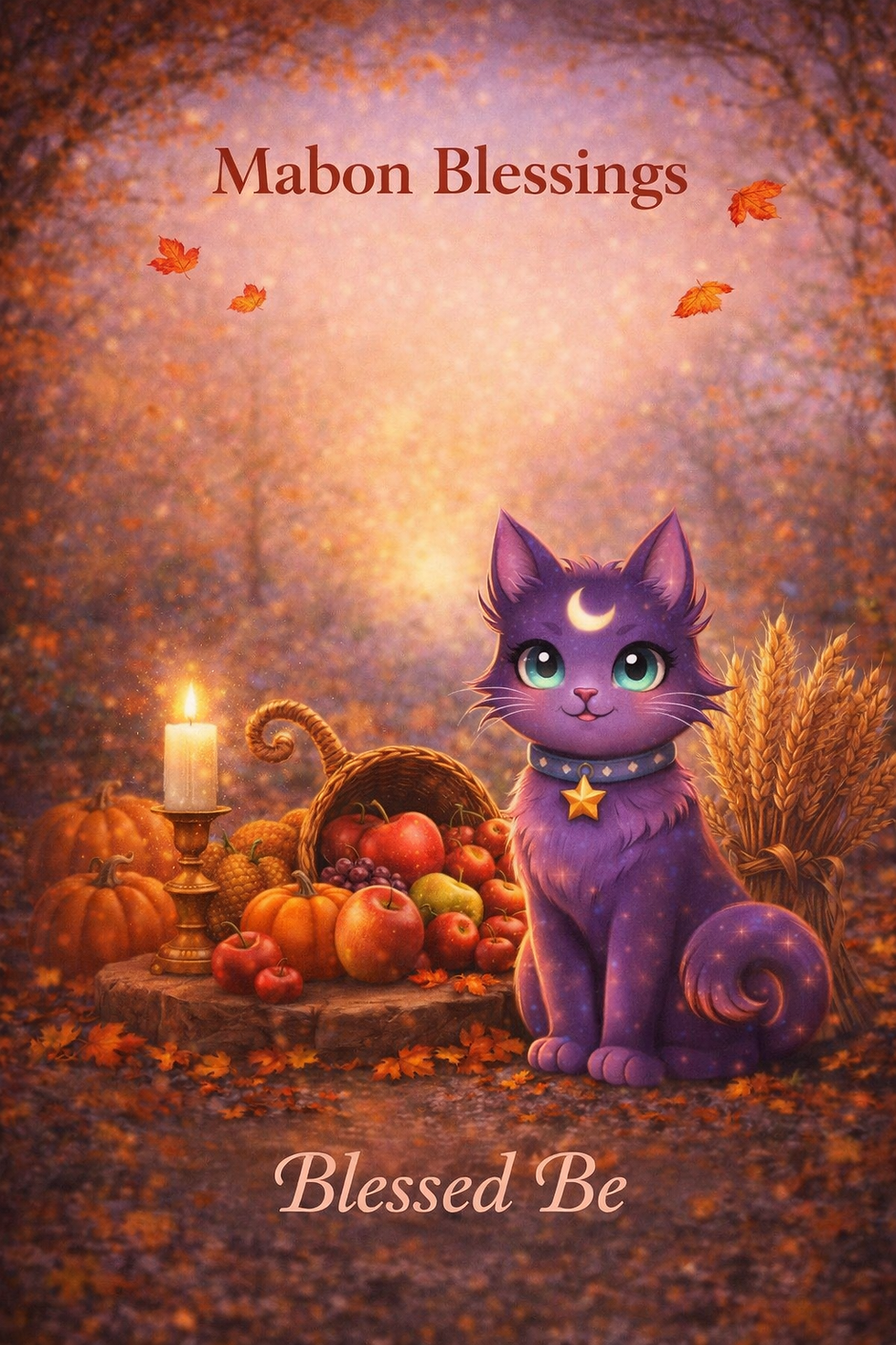 Lilli the celestial purple cat sitting beside an Autumn harvest display of apples, pumpkins, wheat, and candlelight with the text "Mabon Blessings Blessed Be" celebrating the Autumn Equinox.