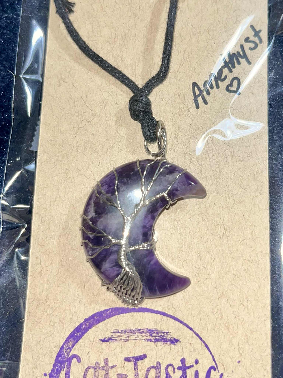 Thumbnail: Wire wrapped Amethyst Moon Crescent Pendant; handmade jewelry by Cat-Tastic Wonders