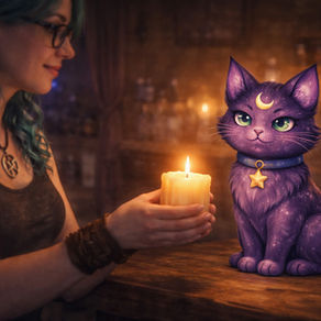 Lilli the celestial purple cat watching over a lit candle being offered in a cozy witchy workshop, symbolizing a minimalist birthday celebration.