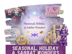 Assorted seasonal and holiday themed products from Cat-Tastic Wonders displayed on a cream background, representing items inspired by traditional celebrations, nature seasons, and Pagan Sabbats. 