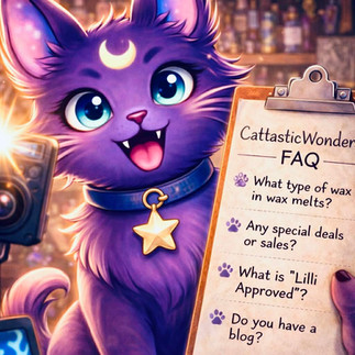 Playful celestial purple cat Lilli smiling with a clipboard of frequently asked questions in a magical studio.