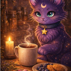 Lilli, a celestial purple cat sits at a wooden table with a steaming cup of tea, a lit candle, and small offerings of berries, cookies, and flower petals arranged nearby in a warm, softly glowing setting.