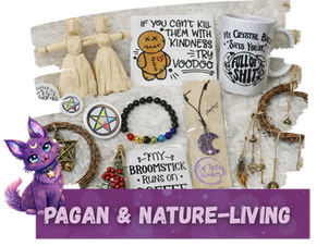Assorted Pagan and Nature-Inspired products from Cat-Tastic Wonders displayed on a soft cream fabric background, including witchy accessories, nature-themed decor, and spiritual lifestyle items.
