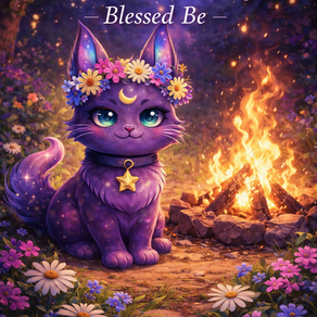 Lilli the celestial purple cat wearing a spring flower crown sitting beside a glowing Beltane bonfire with words Beltane Blessings Blessed Be