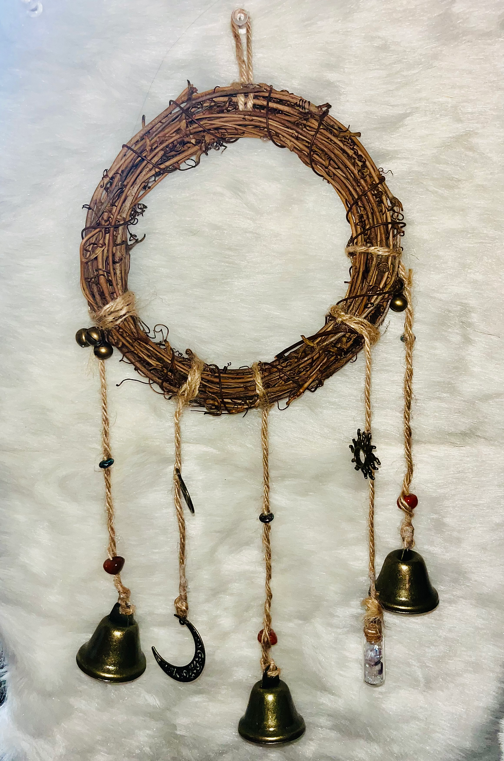 Thumbnail: Beads, Bells, and amulet hanging in small glass bottle; Cat-Tastic Wonders