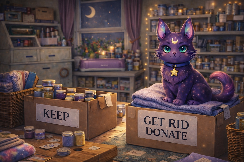 Celestial purple cat Lilli sitting on a box of get rid donate items. She is observing this spring time phenomenon called "Spring Cleaning".