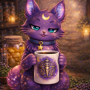 Lilli the celestial purple cat having her Ritual Tea in a Cat-Tastic Wonders Edition Mug
