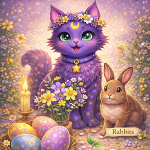 Celestial purple cat Lilli surrounded by Ostara symbols including eggs, flowers, and a rabbit celebrating the Spring Equinox