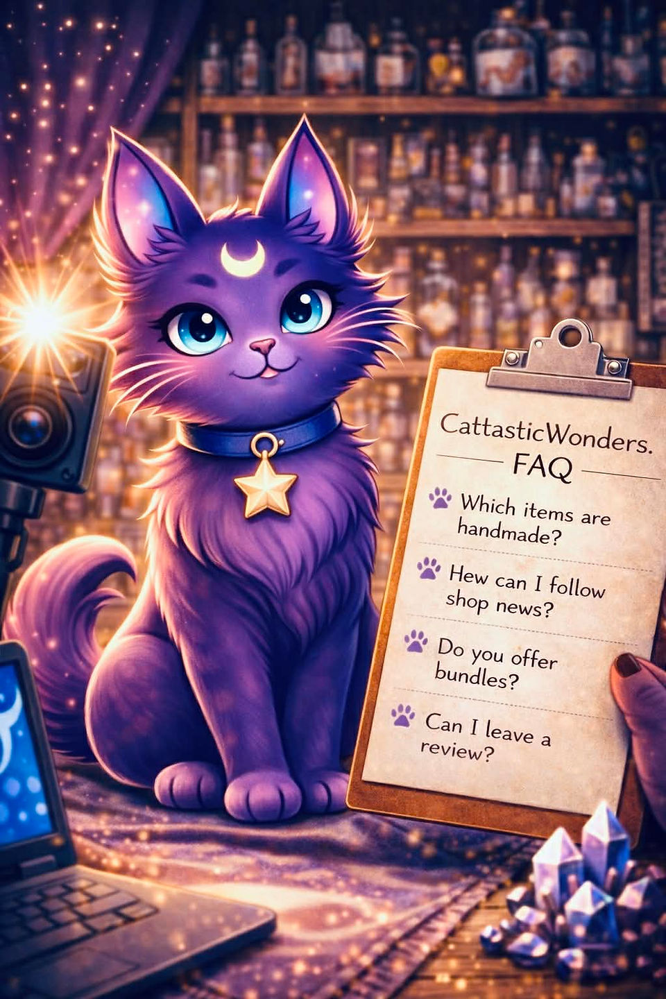 Calm and composed celestial purple cat Lilli posing beside a clipboard of shop questions in a glowing workshop.