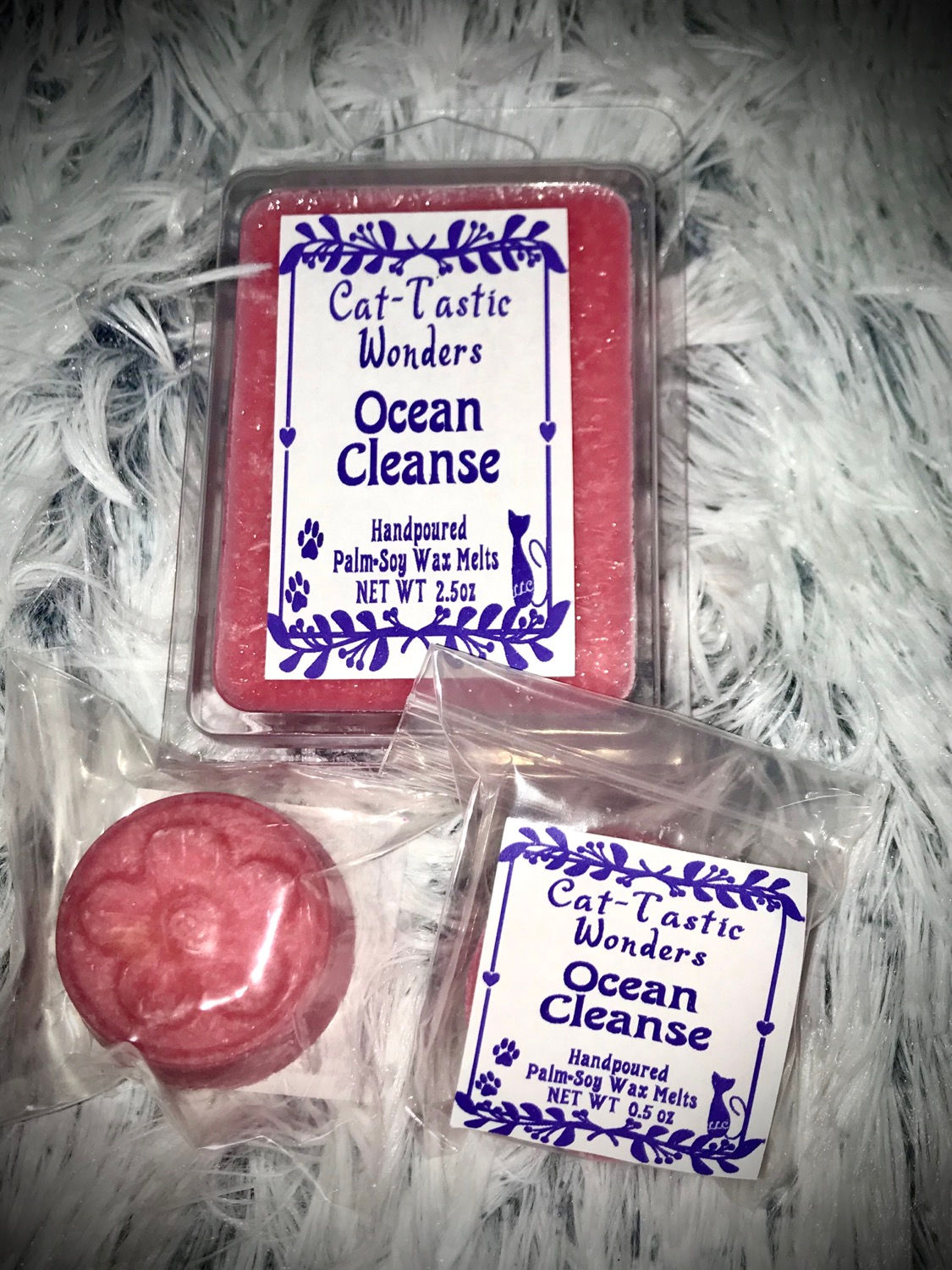 Ocean Cleanse clamshell wax melt with front and back sampler displayed on soft background by Cat-Tastic Wonders