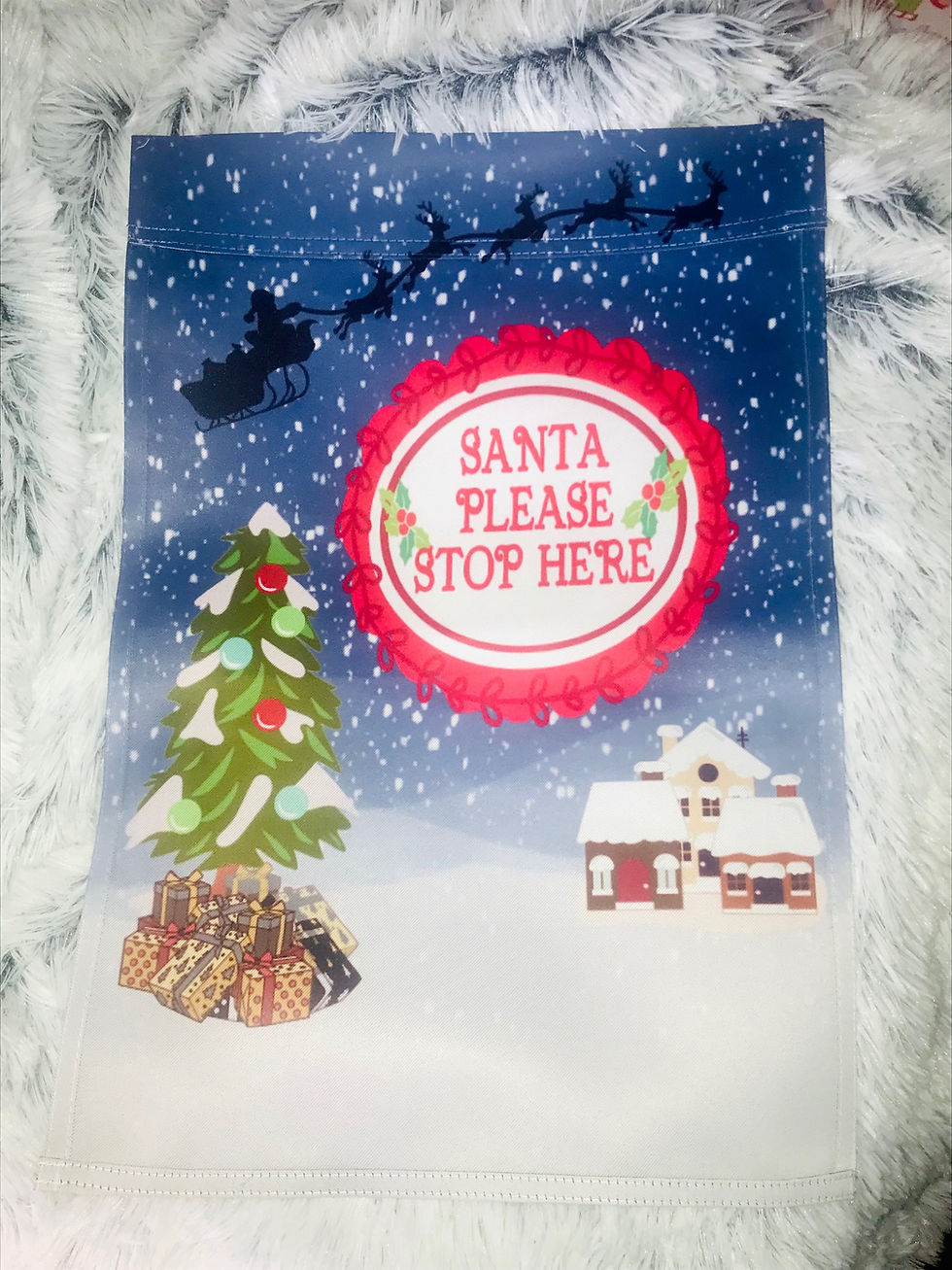Santa Please Stop Here sign with Christmas theme and snowy background.
