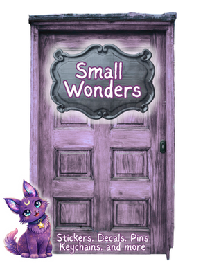 Small Wonders door with stickers, pins, keychains, journals, and small gift items inside.