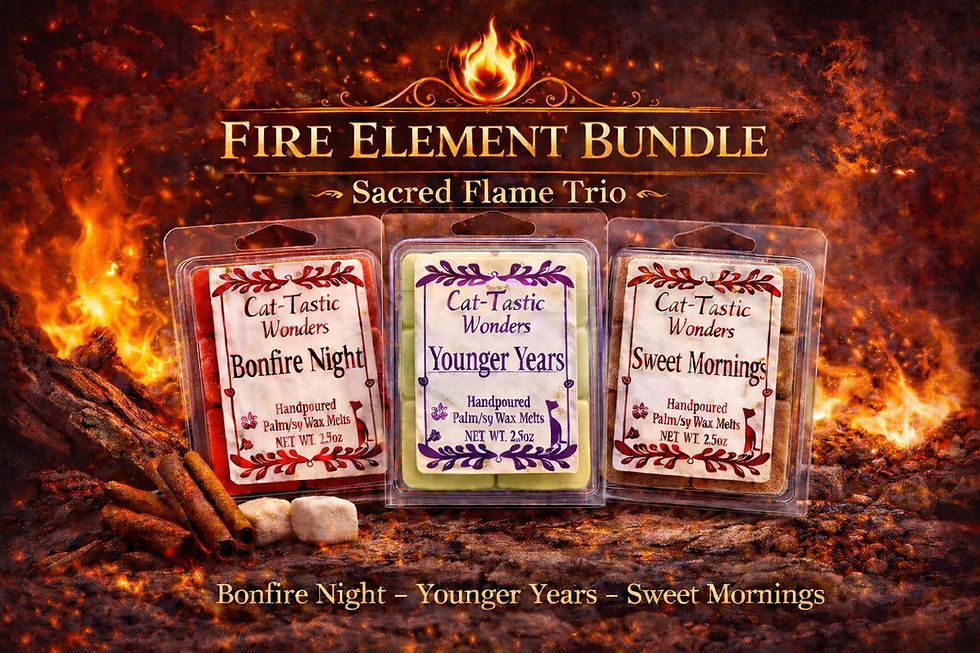 Thumbnail: Fire Element Bundle Sacred Flame Trio wax melts featuring Bonfire Night, Younger Years, Sweet Mornings clamshells