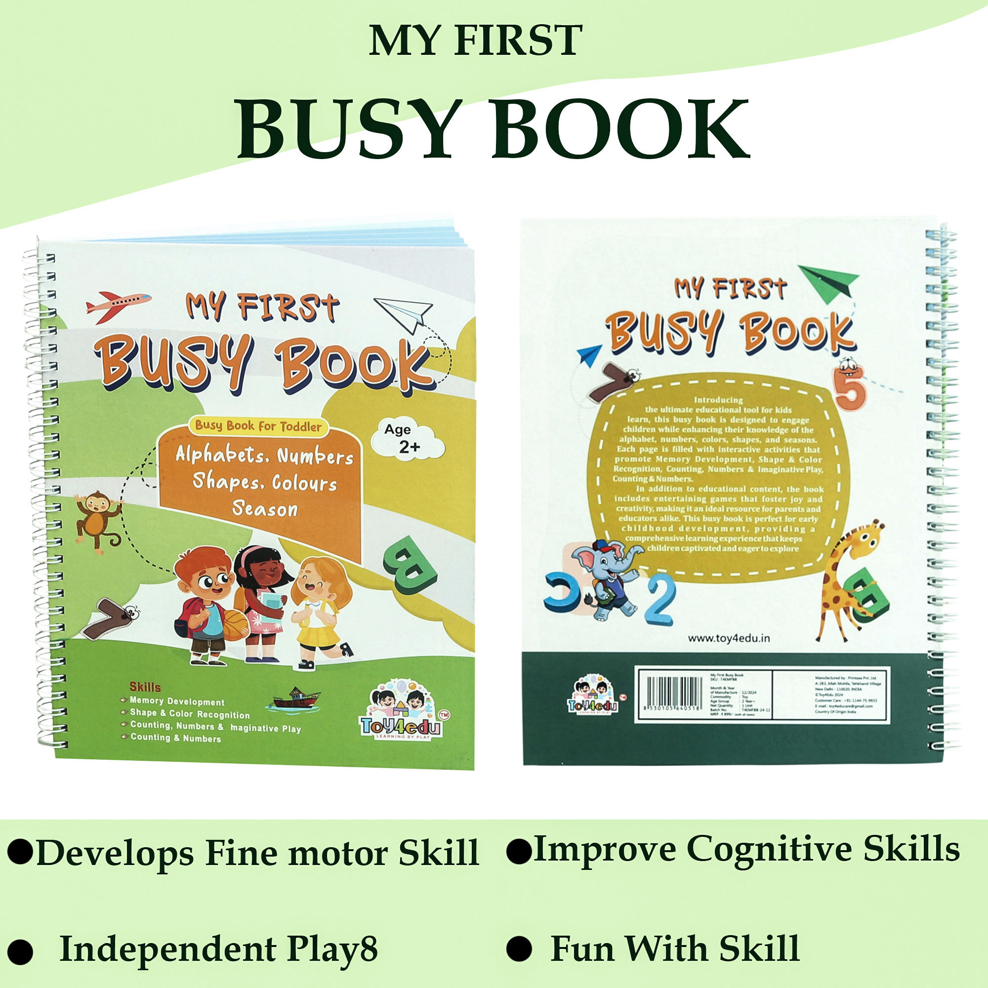 Toy4Edu Busy Book - Montessori Quiet Book for Toddlers | Engaging Learning Toy with Alphabet, Numbers, Shapes & Colors | Perf