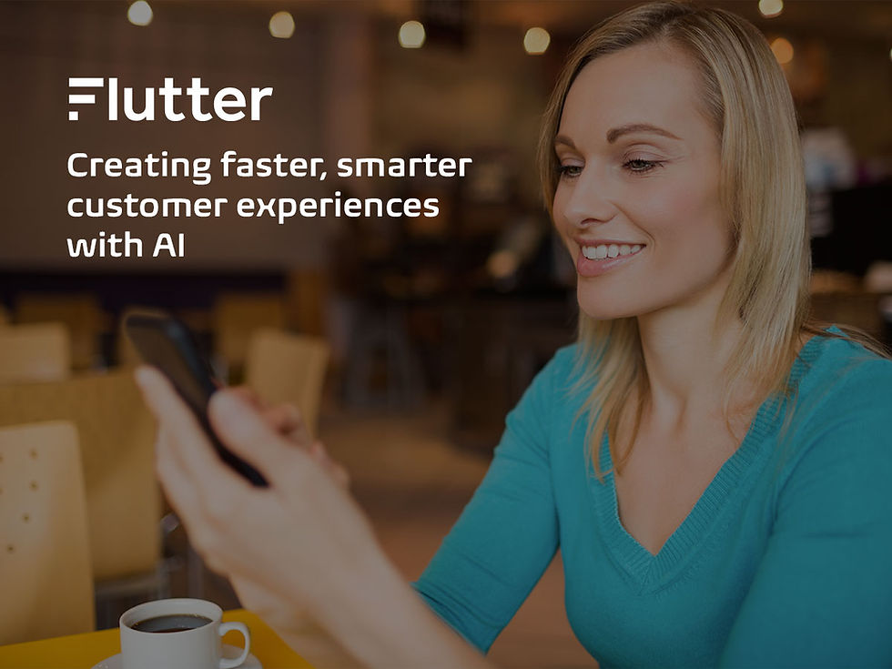 Flutter case study banner showing a customer using a mobile phone in a café, with the headline Creating faster, smarter customer experiences with AI.
