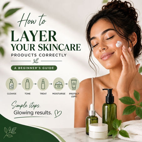 Woman applying skincare cream with a guide showing the correct order to layer skincare products.
