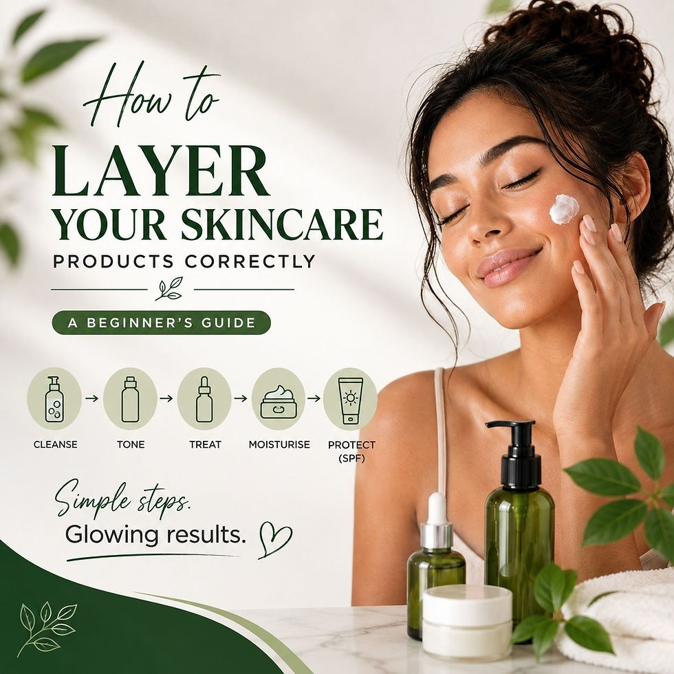 Woman applying skincare cream with a guide showing the correct order to layer skincare products.