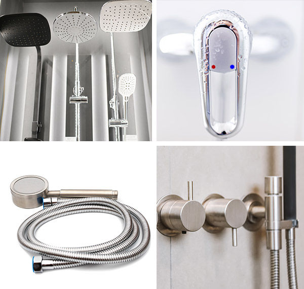 image divided into four parts: four different handheld rainfall thermostatic faucets for water regulation; metal hose with shower head; two modern thermostatic faucets.