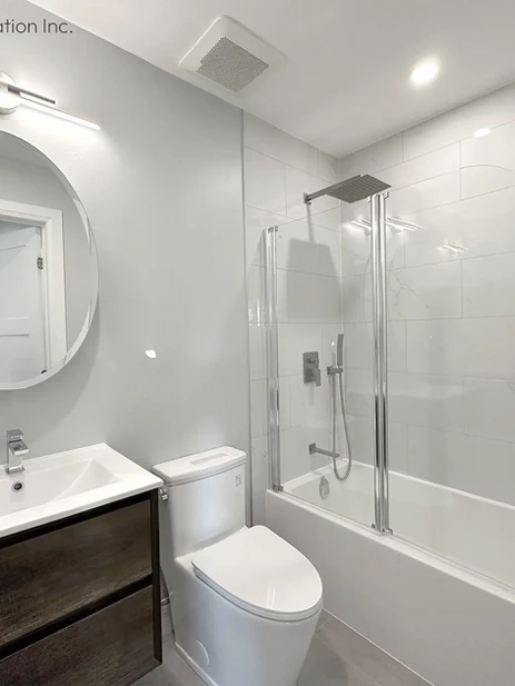 Warm wood vanity bathroom toilet glass screen