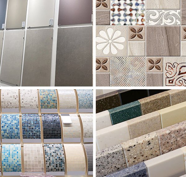 Shower wall option materials on four parts of image: Seamless acrylic tiles, ceramic tiles, porcelain tile, natural stone tiles