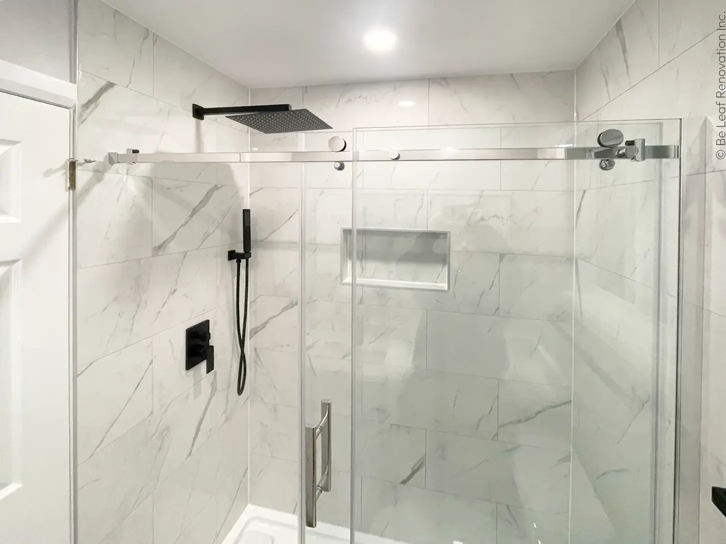  shower niche, metal trim,  porcelain tile