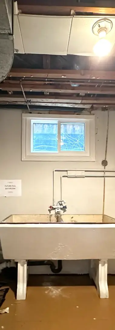 Unfinished basement space with old utility sink