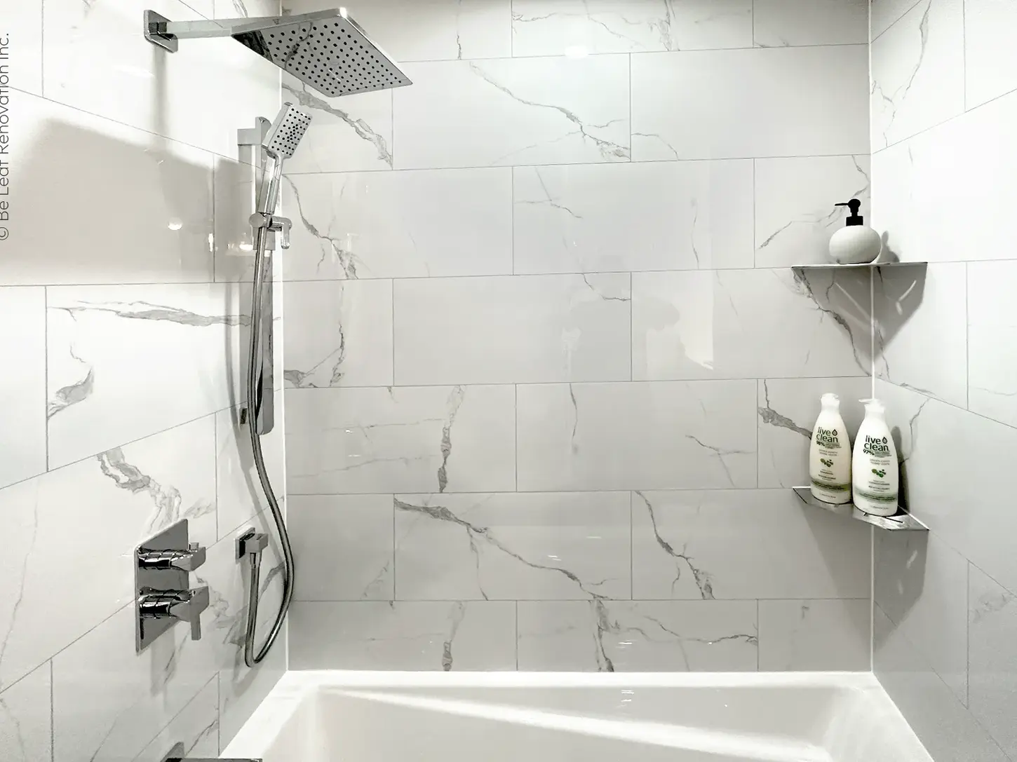 chrome shower head handheld fixture marble look wall tile