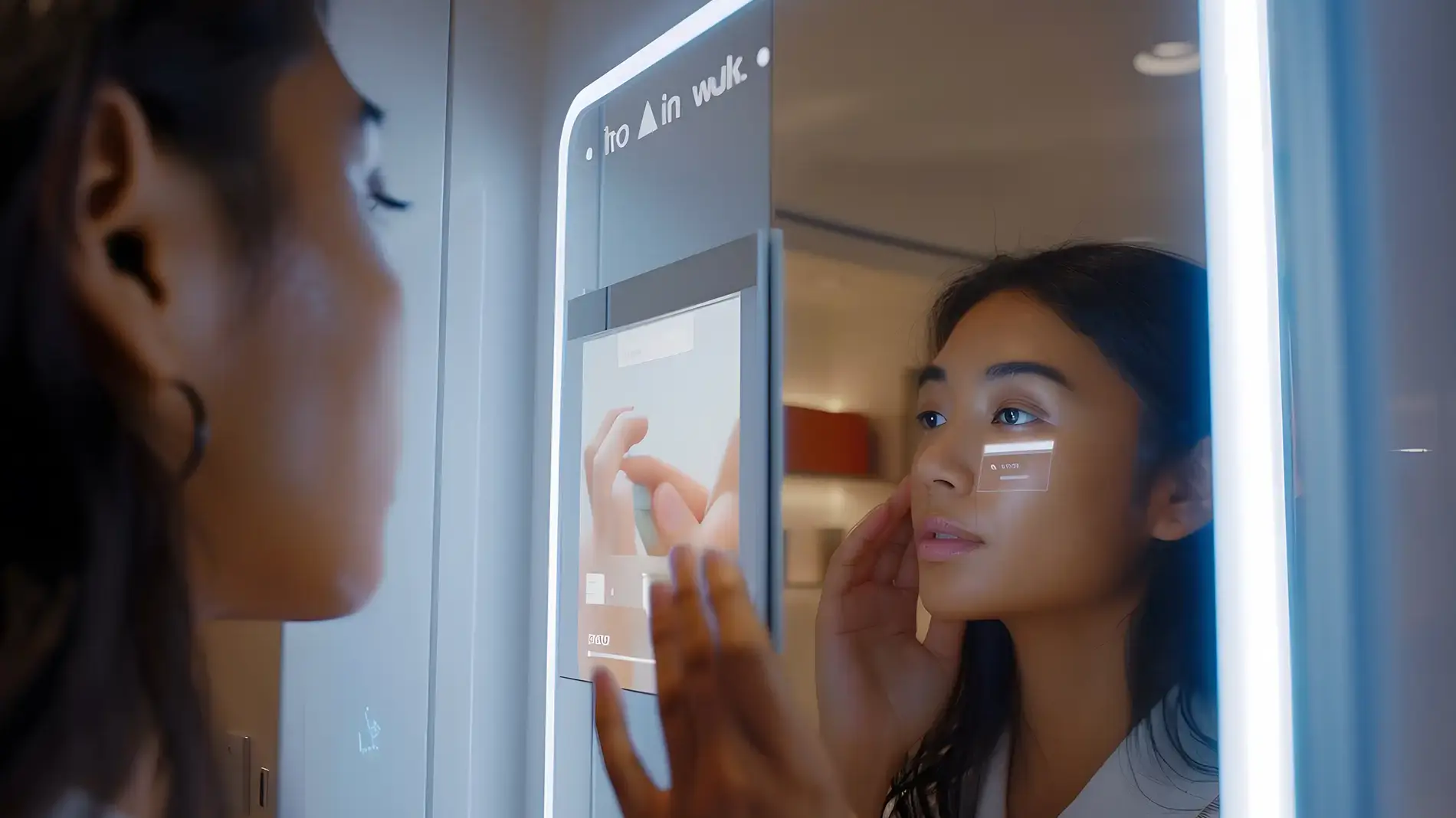 Woman looking at her reflection in a smart mirror with illuminated edges, displaying digital screens.