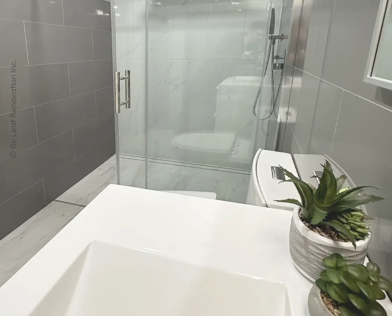 White vanity sink top with potted succulents, glass shower door